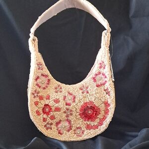 Beaded Floral Shoulder Bag in Light and Dark Pink Zip Closure Hand Beaded